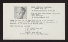 Mrs. Carol Leigh Humphries Papers. 
Prayer card with photo - &quot;Pray without Ceasing&quot;